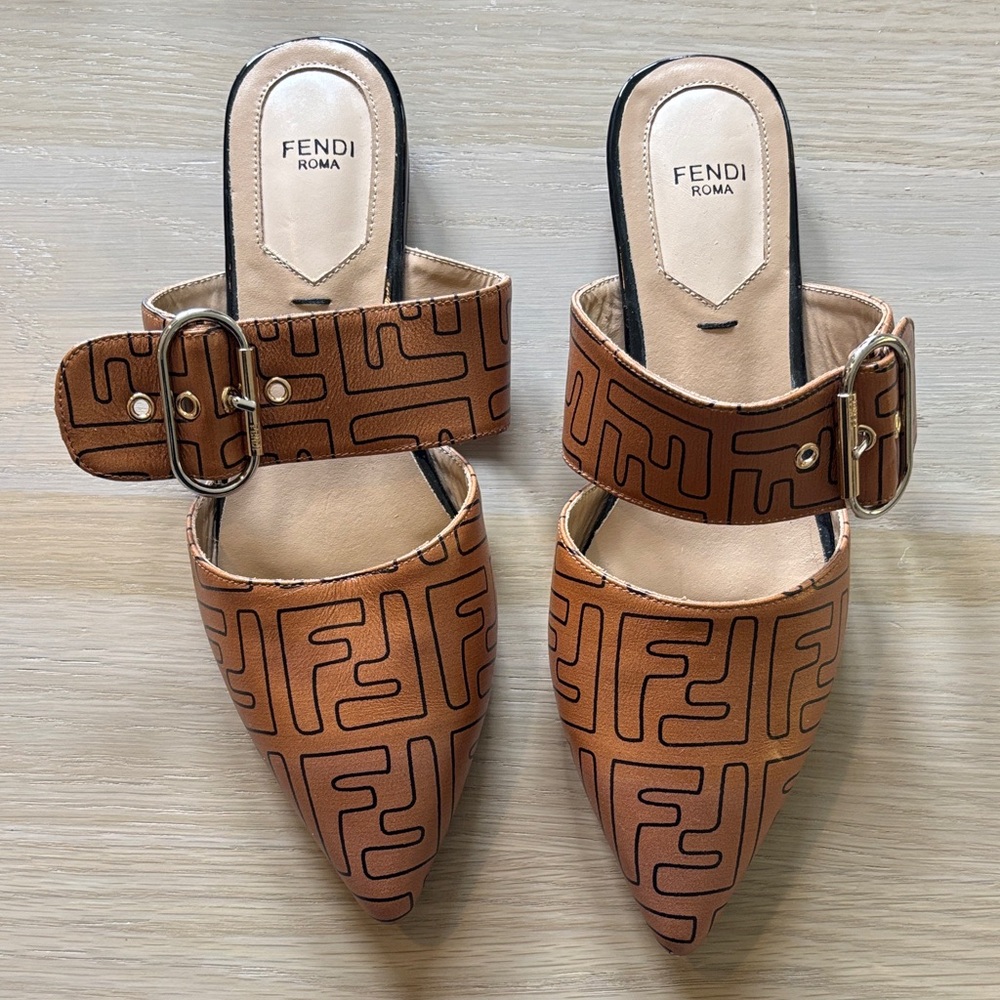 Fendi Tan Patterned Mules